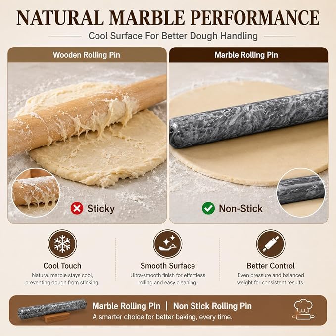 French Rolling Pin for Baking, FiiMan 12 Inch Marble Rolling Pins with Wooden Stand, Heavy Stone French Polished Non-Stick Roller Pins For Baking Cookie Pizza Pastry (Black)