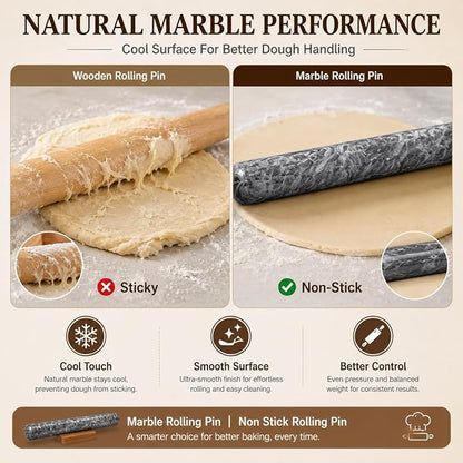 French Rolling Pin for Baking, FiiMan 12 Inch Marble Rolling Pins with Wooden Stand, Heavy Stone French Polished Non-Stick Roller Pins For Baking Cookie Pizza Pastry (Black)