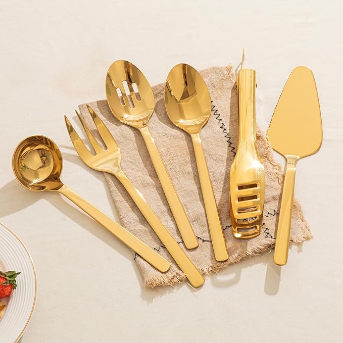 KINGSTONE 10 Piece Large Hostess Gold Serving Utensils Set, Heavy Duty 18/10 Stainless Steel - 10 inch Serving Spoons, Slotted Spoons, Forks, Tongs, Cake Pie Server for Buffet, Wedding, Party