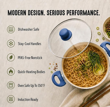 GreenLife 16-Piece Nonstick Cookware Set, Non-Toxic Ceramic Pots and Pans Set, Durable Healthy Kitchen Essentials, Fast Heating, Induction Ready, Easy Clean Dishwasher Safe, PFAS-Free, Slate Blue