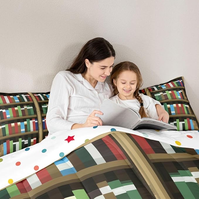 Manfei Pixel Bookshelf Kids Comforter Set,Pixelated Bookcase Vedio Game Bedding Set All Season,Books Modern Building Games Comforter 2 Pcs with 1 Pillowcase,Toddler Size