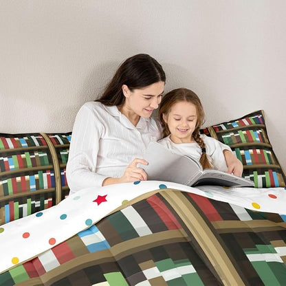 Manfei Pixel Bookshelf Kids Comforter Set,Pixelated Bookcase Vedio Game Bedding Set All Season,Books Modern Building Games Comforter 2 Pcs with 1 Pillowcase,Toddler Size