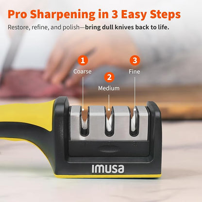 IMUSA Knife Sharpener – Kitchen Knife Sharpener with 3-Stage Stainless Steel Blade Sharpener Design – Easy to Use, Ergonomic Manual Knife Sharpening Kit with Non-Slip Base (Yellow)