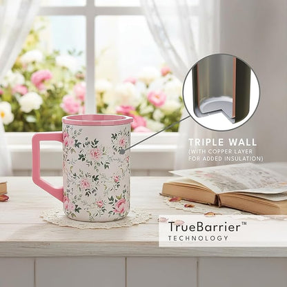 Elemental Insulated Coffee Mug - Triple-Wall Stainless Steel Summit Travel Cup for Hot and Cold Drinks - Thermal Coffee Mug with Lid and Handle for Camping, Office & Travel 16oz - Rose Garden