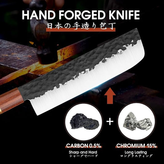 Huusk Japan Knife, Nakiri Knife Japanese Vegetable Knives 7 Inch, Multipurpose Asian Kitchen Chef Knives,Hand Forged High Carbon Steel Sharp Cleaver, Ergonomic Rosewood Handle, Gifts Idea for Men
