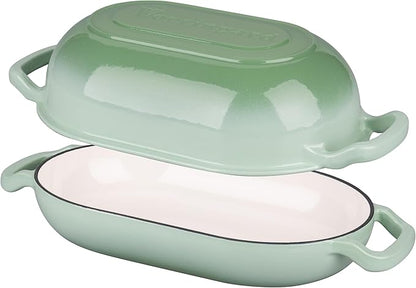 VORRINGARD Enameled Cast Iron Sourdough Bread Oven, Dutch Oven, Loaf Cast Iron Bread Pan for Homemade Bread Baking, Meatloaf Pan with Lid, 5QT, Green