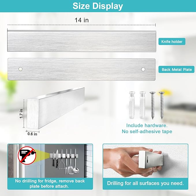 Knife Magnetic Strip, Magnetic Knife Holder for Wall Mount Fridge Refrigerator Knife Magnet Bar Knife Rack RV Kitchen Utensil Holder Metal Kitchen Tool Holder Knife Block RV Accessories 14 Inch