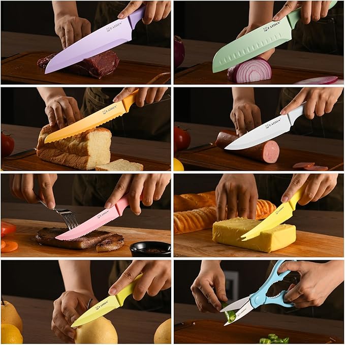Knife Set with Kitchen Cutting Board，30 Piece Colour Coding Stainless Steel Boxed Knives Set with Kitchen Shears，14 Knives with 14 Blade Covers，Anti-Rust and Dishwasher Safe