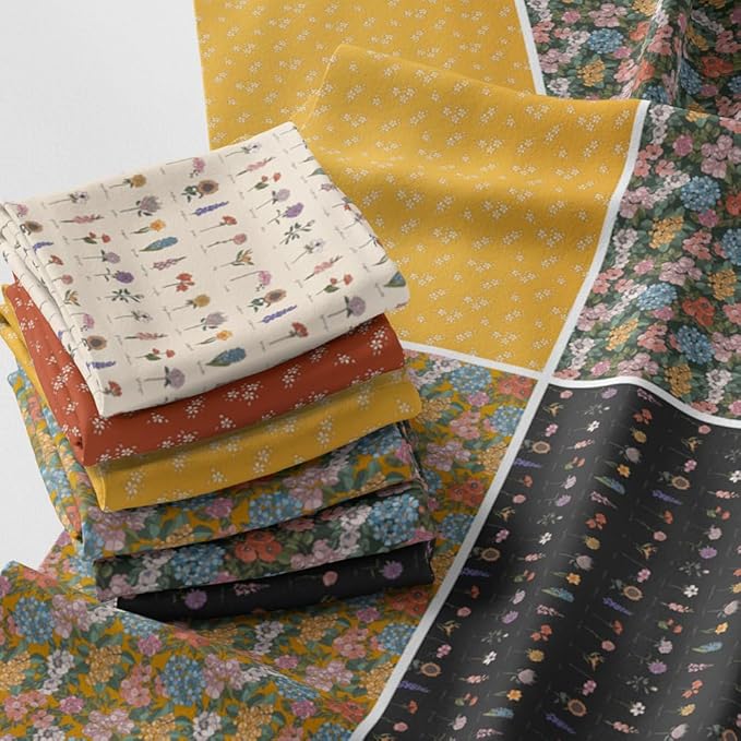 Patchwork Fabric Panel 100x155 cm, 100% Cotton Satin, 6 Coordinated Floral Botanical Patterns, Mustard Yellow & Dark Garden Quilting Fabric (Floral Symphony, 6pcs 50x50cm)