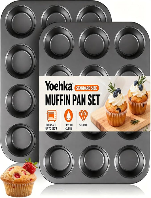 Yoehka 2 Pack Muffin Pan for Baking, Nonstick Cupcake Pan Set, Standard 12-Cups Muffin Tin for Baking Cupcakes, Carbon Steel Baking Supplies