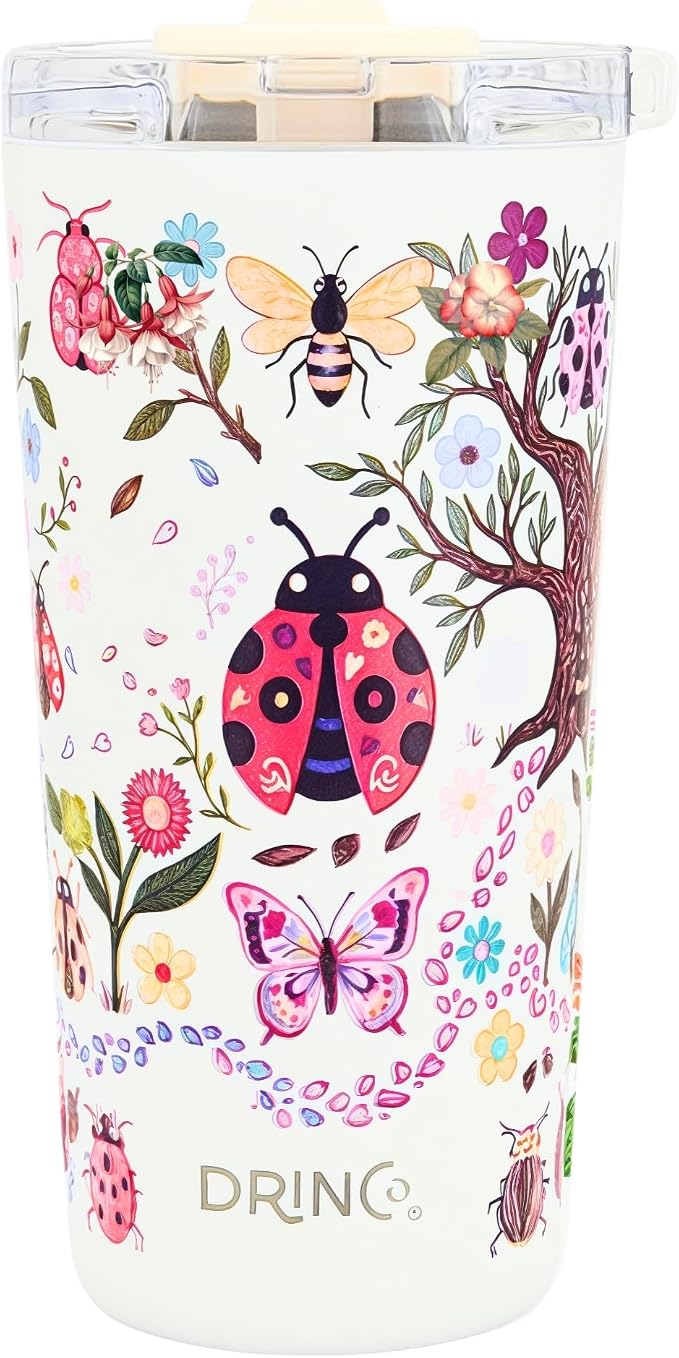 Drinco - 20 oz Stainless Steel Tumbler | Double Walled Vacuum Insulated Mug With Lid, 2 Straws, For Hot & Cold Drinks (20oz Bugs World)