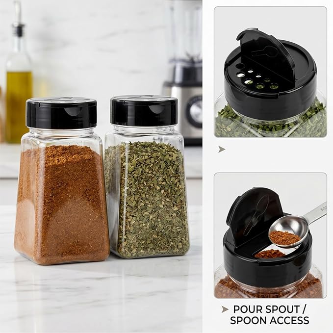 Tebery 24 Pack 9 Oz Plastic Spice Jars with Black Cap, Reusable Seasoning Containers Bottles for Kitchen Organization, Clear Plastic Spice Container with Shaker Lids for Spices Powders Herbs