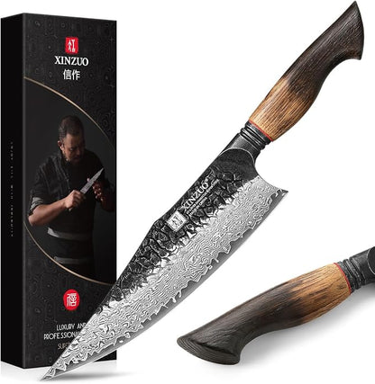 XINZUO 8.6 inch Professional Damascus Chefs Knife,67 Layers Damascus Steel Kitchen Knife,10Cr15CoMoV Steel Core,Very Sharp for Vegetables Meat Cutting for Home Kitchen,Burnt White Oak Wood Handle