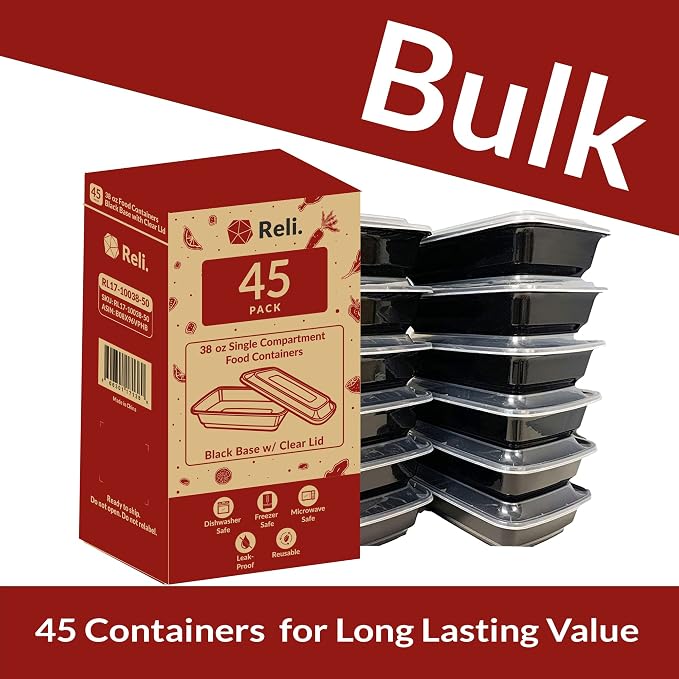 Reli. Meal Prep Containers, 38 oz. | 45 Pack | Large 1 Compartment Food Container w/Clear Lids | Microwavable Food Storage | Black Reusable Bento Box/Lunch Box for Food/Meal Prep