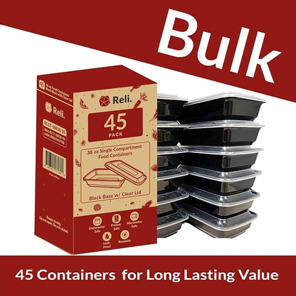 Reli. Meal Prep Containers, 38 oz. | 45 Pack | Large 1 Compartment Food Container w/Clear Lids | Microwavable Food Storage | Black Reusable Bento Box/Lunch Box for Food/Meal Prep
