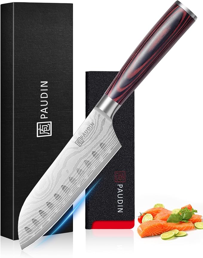 PAUDIN Santoku Knife, Chef Knife 5 inch Ultra Sharp Kitchen Knife, Japanese Chef Knife with Sheath, High Carbon Stainless Steel, Ergonomic Pakkawood Handle