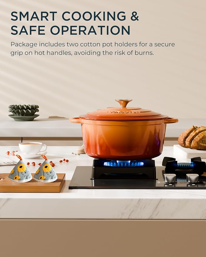 Enameled Cast Iron Dutch Oven - 6QT Dutch Oven Pot with Lid & Cotton Potholders - Heavy-Duty Non Stick Casserole Pot for Braising, Stews, Roasting, Baking, Suitable for All Stovetops, Vibrant Orange