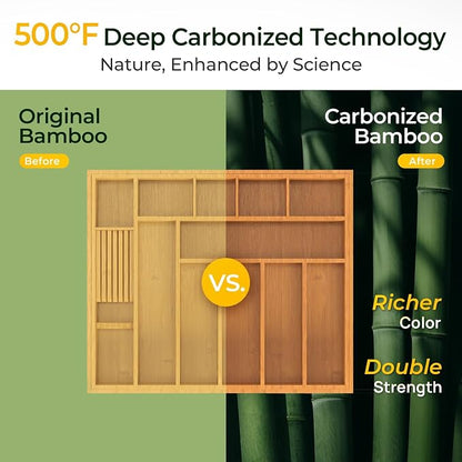 keechee Carbonized Large Bamboo Kitchen Drawer Organizer, 12 Slots Expandable Silverware Organizer, Utensil Holder & Cutlery Tray, 2.5" Deep for Extra Capacity, Non-Slip Feet Included
