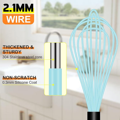 HOTEC 4 Pieces Silicone Whisks Set, Wire Balloon Whisks for cooking Egg Beater, Non-slip Handle Whisk for Non-stick Cookware Perfect for Cooking, Stirring, Beating and Blending,Blue