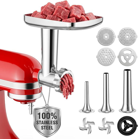 Stainless Steel Meat Grinder for KitchenAid Mixer, Meat Grinder with Meatball Maker, Sausage Stuffer, Dishwasher Safe, Compatible with All KitchenAid Stand Mixers