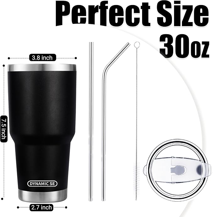 D·S 30 oz Black Tumbler Stainless Steel Double Wall Vacuum Insulated Mug with Straw and Lid, Cleaning Brush for Cold and Hot Beverages