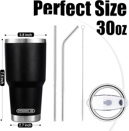 D·S 30 oz Black Tumbler Stainless Steel Double Wall Vacuum Insulated Mug with Straw and Lid, Cleaning Brush for Cold and Hot Beverages