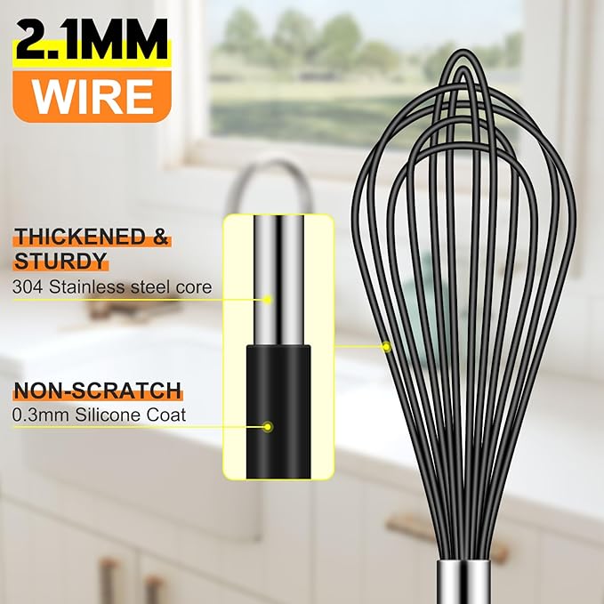 HOTEC 4 Pieces Silicone Whisks Set, Wire Balloon Whisks for cooking Egg Beater, Non-slip Handle Whisk for Non-stick Cookware Perfect for Cooking, Stirring, Beating and Blending,Black