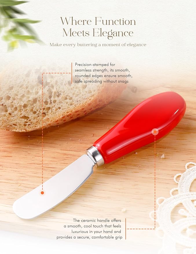 AISBUGUR 2 Pack Stainless Steel Butter Spreader Knife, Butter Knife with White Porcelain Handle, Cheese Butter Spreader Knives for Kitchen Red