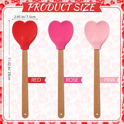 Chengu 3 Pcs Heart Shaped Silicone Spoon with Wooden Handle Valentine Day Kitchen Utensil Gift Set Red Pink Hot Heart Spatula Non-stick Cooking Tools for Mixing Stirring and Baking