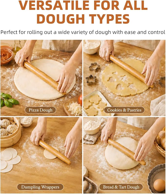 French Rolling Pin, 17 Inch Solid Wood Tapered Rolling Pin for Baking, Wooden Dough Roller for Pastry, Pizza Dough, Pie Crust, Cookies, Pasta and Fondant