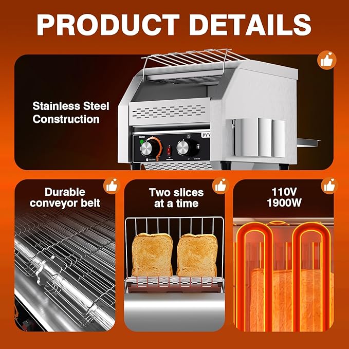 PYY Commercial Conveyor Toaster 300pcs/h - Electric Conveyor Belt Toaster for Toast, Bun, Bagel, Bread, Heavy Duty Stainless Steel Toaster Oven for Restaurant, Bakery, Buffet Use