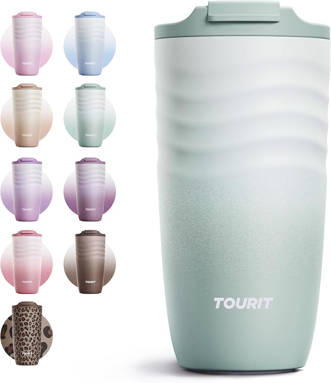 TOURIT 16 oz Travel Coffee Mug, Vacuum Insulated Stainless Steel Tumbler with Ripple-Wave Anti-Slip Grip, Built-in Silicone Bottom for Quiet & Stable, Leak-Proof Lid, Fits Car Cup Holder, Sage Green