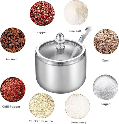 Kitchen Stainless Steel Spice Jars Seasonning Box with Spoons, Seasoning Containers Bottles with Stainless Steel &Clear Glass Cap,10oz for Home and Kitchen (2)