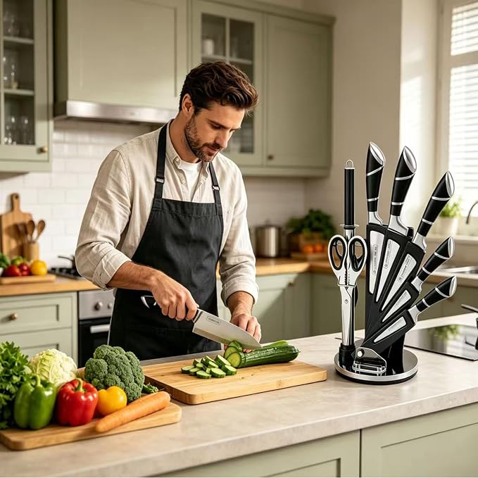 Kitchen Knife Set, 9-Piece Black Kitchen Knife Set with Acrylic Block, Non Stick Sharp High Carbon Stainless Steel Knife Set for Kitchen Cutting Meat Slicing Chopping Kitchen Women Gifts