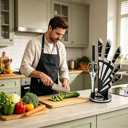 Kitchen Knife Set, 9-Piece Black Kitchen Knife Set with Acrylic Block, Non Stick Sharp High Carbon Stainless Steel Knife Set for Kitchen Cutting Meat Slicing Chopping Kitchen Women Gifts