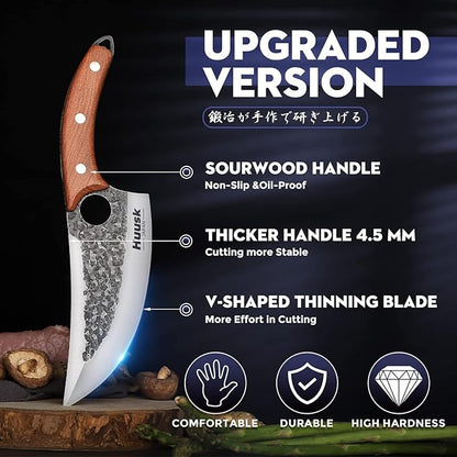Huusk Japanese Knife with Leather Sheath, Full Tang Viking Chef Knives | Hand Forged High Carbon Steel Meat Cleaver with Finger Hole for Camping Outdoor BBQ Cooking Kitchen, Fathers' Day Gift