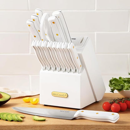 McCook® Knife Sets, White High Carbon Stainless Steel Kitchen Knife Sets with with Built-in Sharpener, 26-Piece Razor-Sharp Kitchen Knives with Ergonomic Handles, Elegant Box for Gift, White