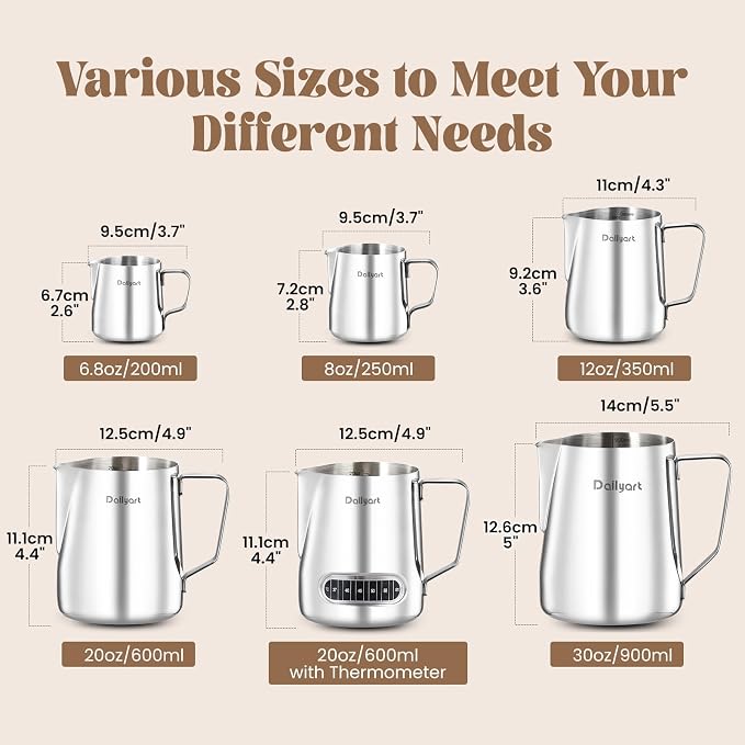 Milk Pitcher, Dailyart Stainless Steel Milk Frothing Pitcher with Thermometer for Coffee, Cappuccino,Espresso,Latte Art(600ml/20oz)