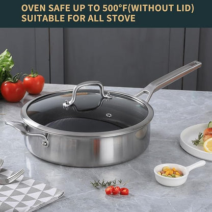 Saute Pan with Lid 5-Quarts,12.5 Inch 18/10 Tri-Ply Nonsitck Large Frying Pan, Up to 600℉ Full Clad Stainless Steel 3 Layer Deep Frying Pan with Stay Cool Handle, Dishwasher and Metal Utensil Safe