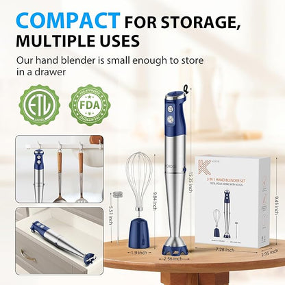 KOIOS Immersion Blender, 1000W Anti-scratch 3-in-1 Hand Blender, Upgraded 12 Speed Stainless Steel Blade Stick Blender with Turbo Mode, Whisk and Milk Frother, Non-BPA, Blue