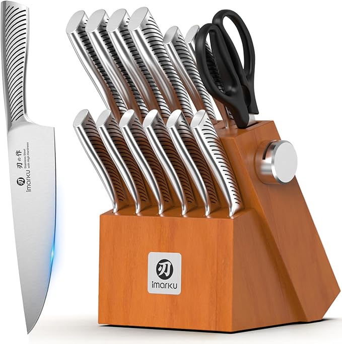 imarku Knife Set, 14 Piece Premium Kitchen Knife Block Set, Razor Sharp Japanese Chef Knives Set for Kitchen with Built-in Sharpener, Dishwasher Safe & Quality Acacia Wood Block, Gift for Women