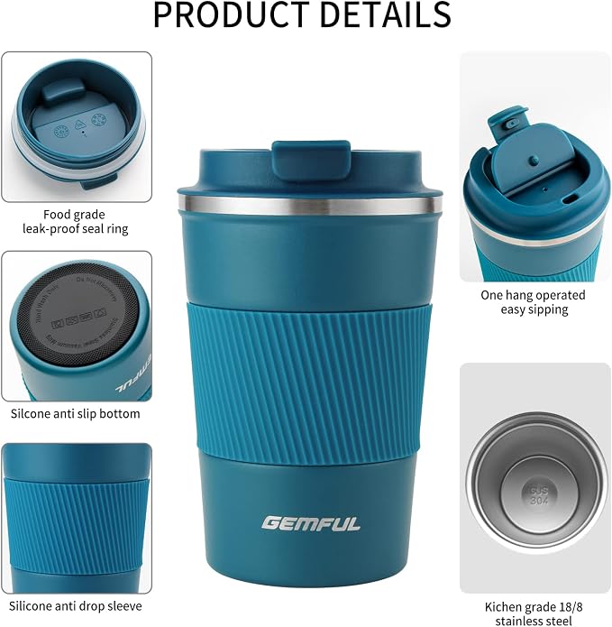 GEMFUL To Go Travel Coffee Mug with Lid 13 oz Insulated Cups Spill Proof Tumbler Leak Proof Vacuum Stainless Steel Reusable for Hot Cold Drinks Women Men (6 Pack)