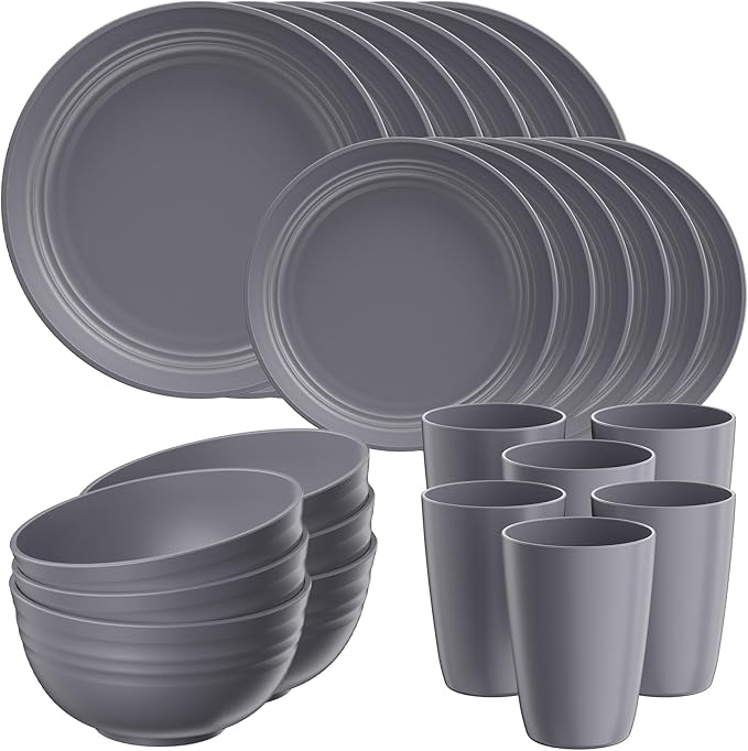 Quatish 32 Piece Plates and Bowls Sets for 8, Unbreakable Dinnerware Sets, Plastic Dish Set for Camping, Dishwasher Microwave Safe, Outdoor Kitchen and Apartment Dinning RV Essentials, Grey
