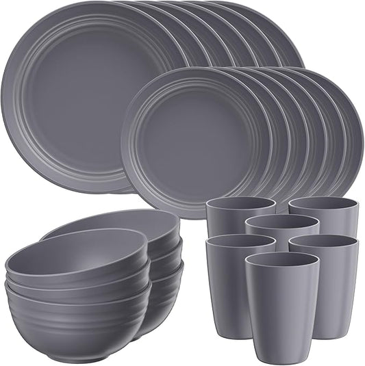 Quatish 32 Piece Plates and Bowls Sets for 8, Unbreakable Dinnerware Sets, Plastic Dish Set for Camping, Dishwasher Microwave Safe, Outdoor Kitchen and Apartment Dinning RV Essentials, Grey
