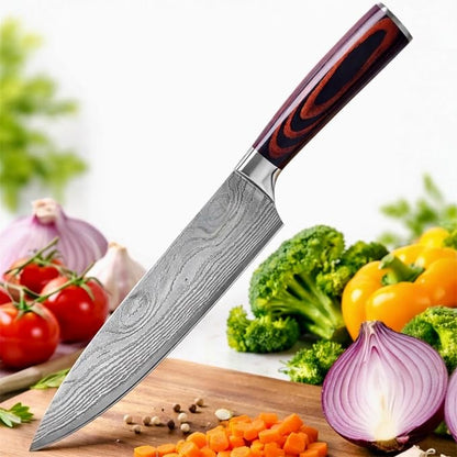 Japanese Chef Knife 8 Inch | High Carbon Stainless Steel Kitchen Knife | Ultra Sharp Damascus-Pattern Blade | Ergonomic Handle | Professional Cooking Knife for Meat, Fish & Vegetables | Gift