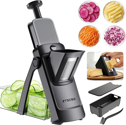 [7 in 1 ] Vegetable Slicer for Kitchen, Safe Mandoline Slicer, Adjustable Veggie Potato French Fry Cutter, Wider Tray & Stainless Steel Grater & Filter Basket & Lid & Cleaning Brush (Black Pro)