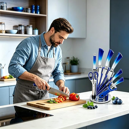 Kitchen Knife Set, 9-Piece Blue Professional Kitchen Knives Set with Acrylic Block, Non Stick Sharp Stainless Steel Chef Knife Set with Sharpener for Cutting Kitchen Gifts for Women