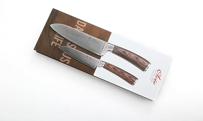 Wakoli EDIB 2-Piece Damascus Kitchen Knife Set – Santoku & Small Santoku with VG10 Core made of 67-Layer Damascus Steel Blades – Professional Chef Knives with Ergonomic Pakkawood Handles in Gift Box