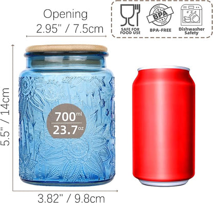 Custde Blue Vintage Glass Candy Jar with Airtight Bamboo Lid, 23.7oz Kitchen Storage Canister for Sugar, Coffee, Tea, Cookies, Bath Salt - Decorative Mason Jar for Pantry & Counter(Blue, 23.7 fl oz)