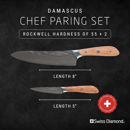 Swiss Diamond Chef & Paring Knife, German Steel with Carbonized Ash Wood, Full Tang Handle, Damascus Blade Chef Knives Professional Grade, 55+2 Rockwell Hardness, 8 & 4.5 Inch